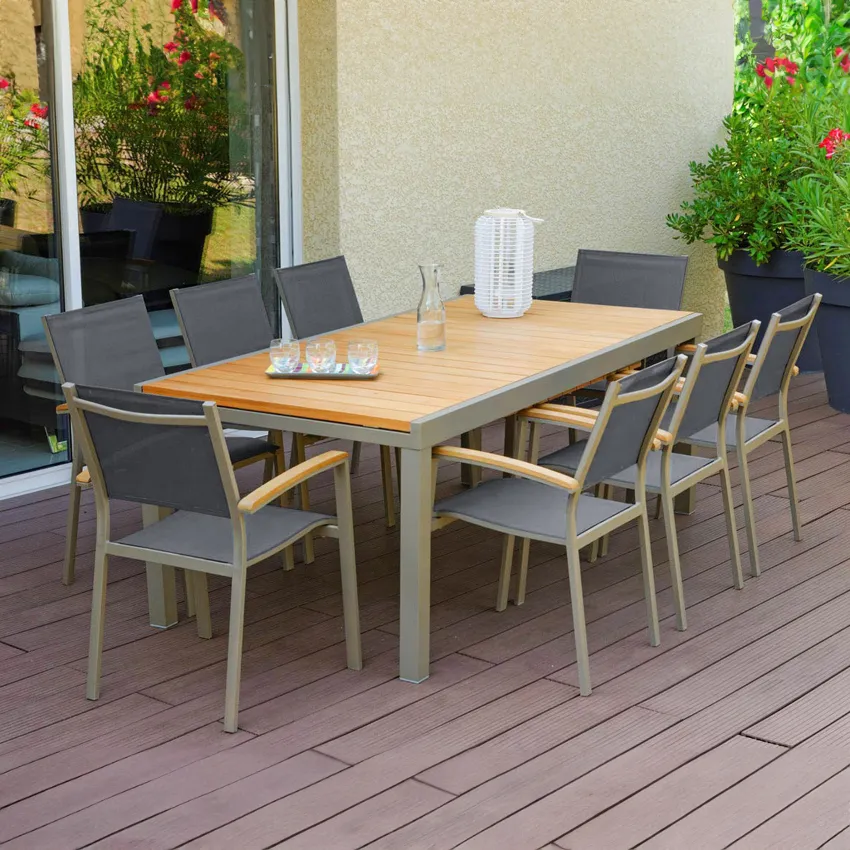 Salon de jardin: Table MARBELLA aluminium 2 3M et 8 Fauteuils FIGUERAS