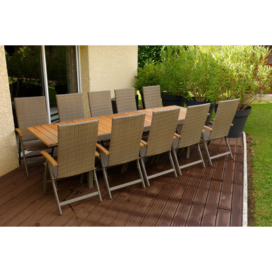 Salon de jardin: table aluminium 200 300 cm marbella et 10 fauteuils barcelona dossier réglable