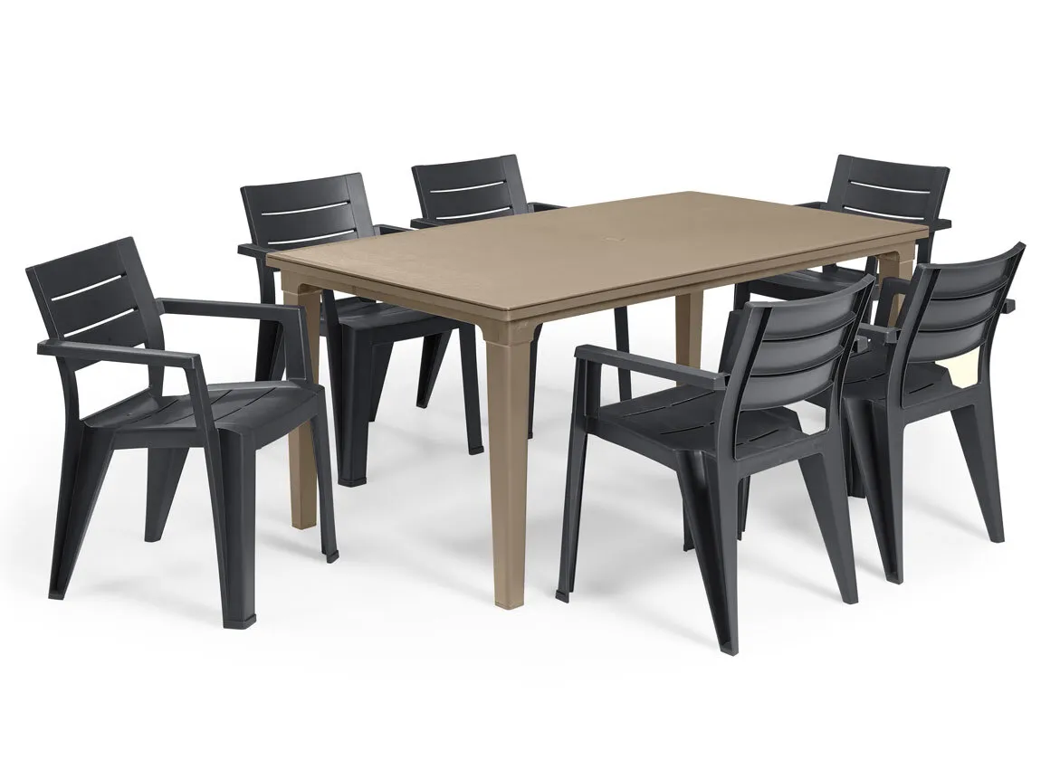 Salon de Jardin: Table cappuccino FUTURA et 6 Fauteuils graphite JULIE