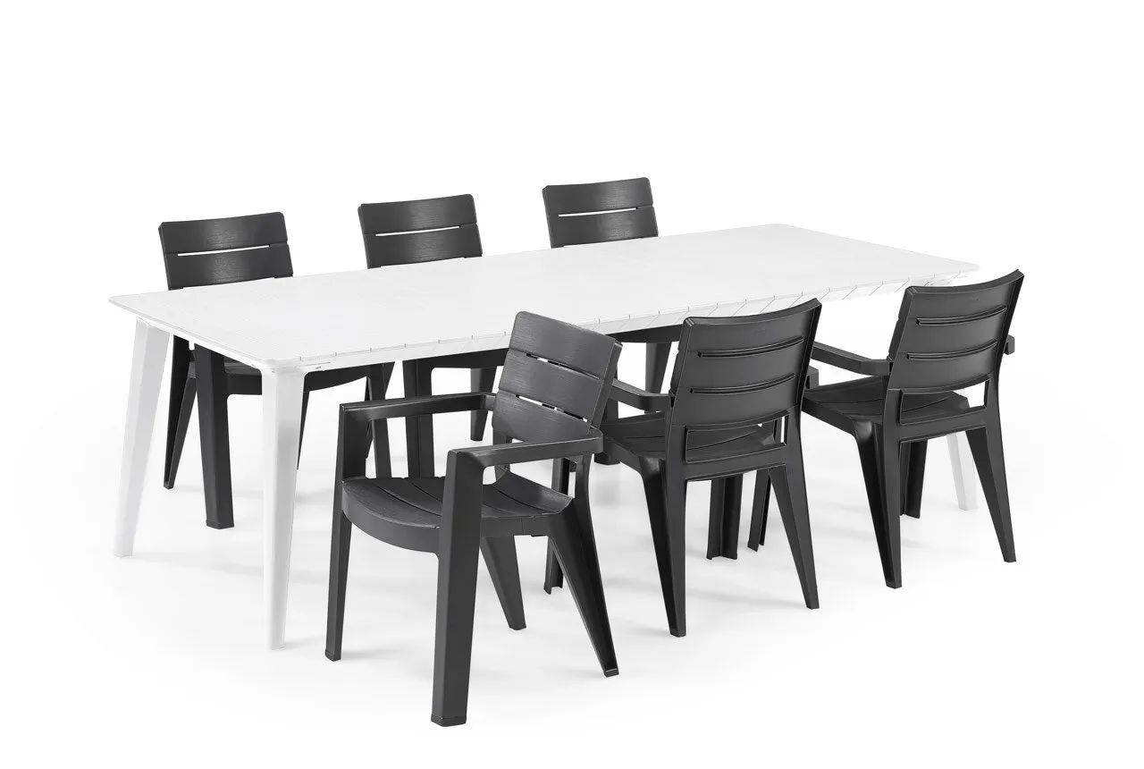 Gartenmöbelset: Tisch LIMA 160 240 cm weiß und 6 Sessel JULIE anthrazit
