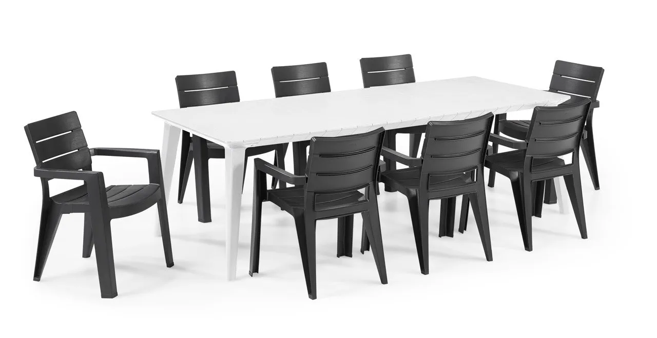 Salon de jardin: Table LIMA 160 240 cm blanche et 8 Fauteuils JULIE