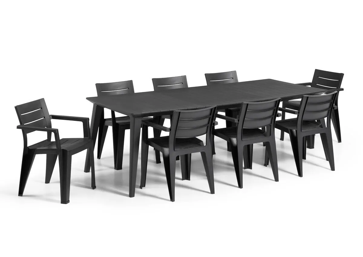 Salon de jardin: Table LIMA 160 240 cm graphite et 8 Fauteuils JULIE