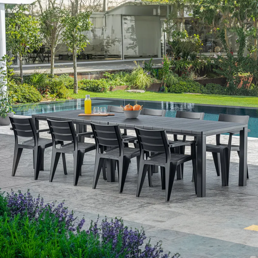 Salon de jardin : Table JULIE double et 8 Fauteuils JULIE graphite