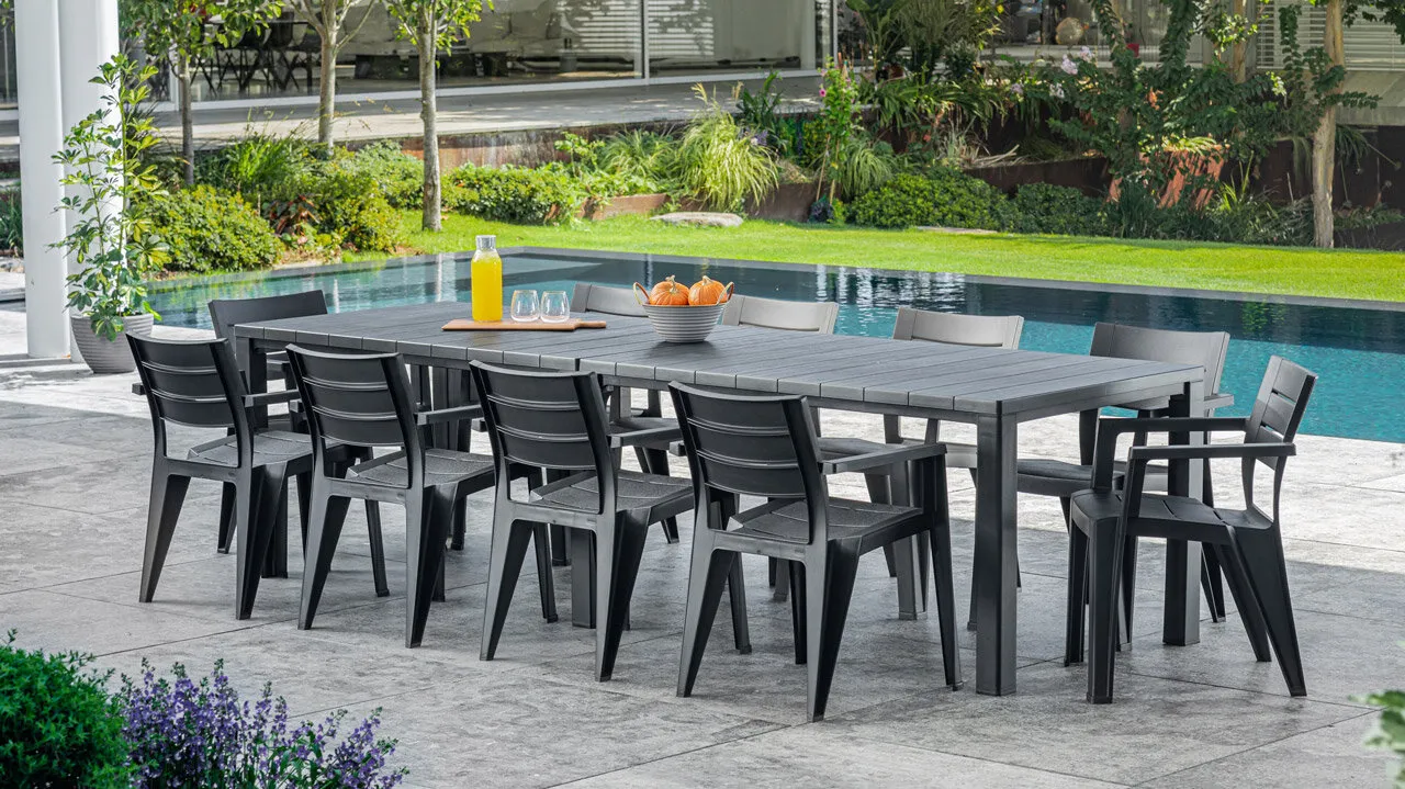Salon de jardin : Table JULIE double et 10 Fauteuils JULIE graphite