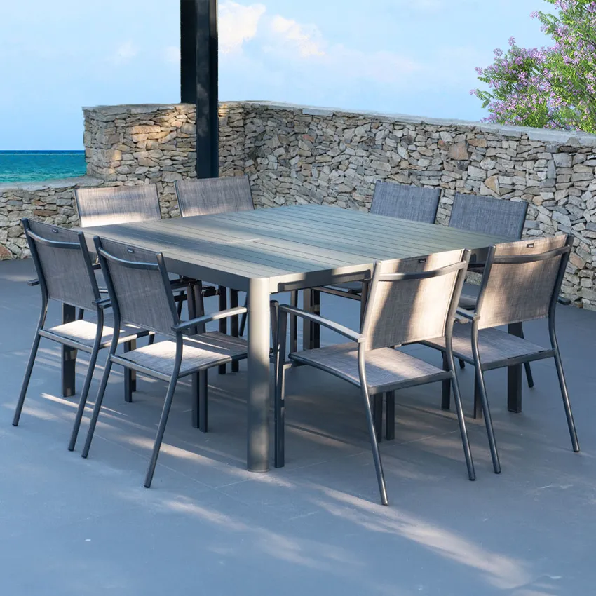 Table en aluminium extensible 95 150 cm GALICE et 8 fauteuils ANTALYA