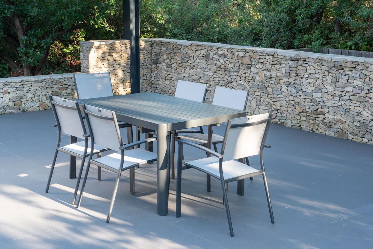 Table en aluminium extensible 95 150 cm GALICE et 6 fauteuils ANTIBES