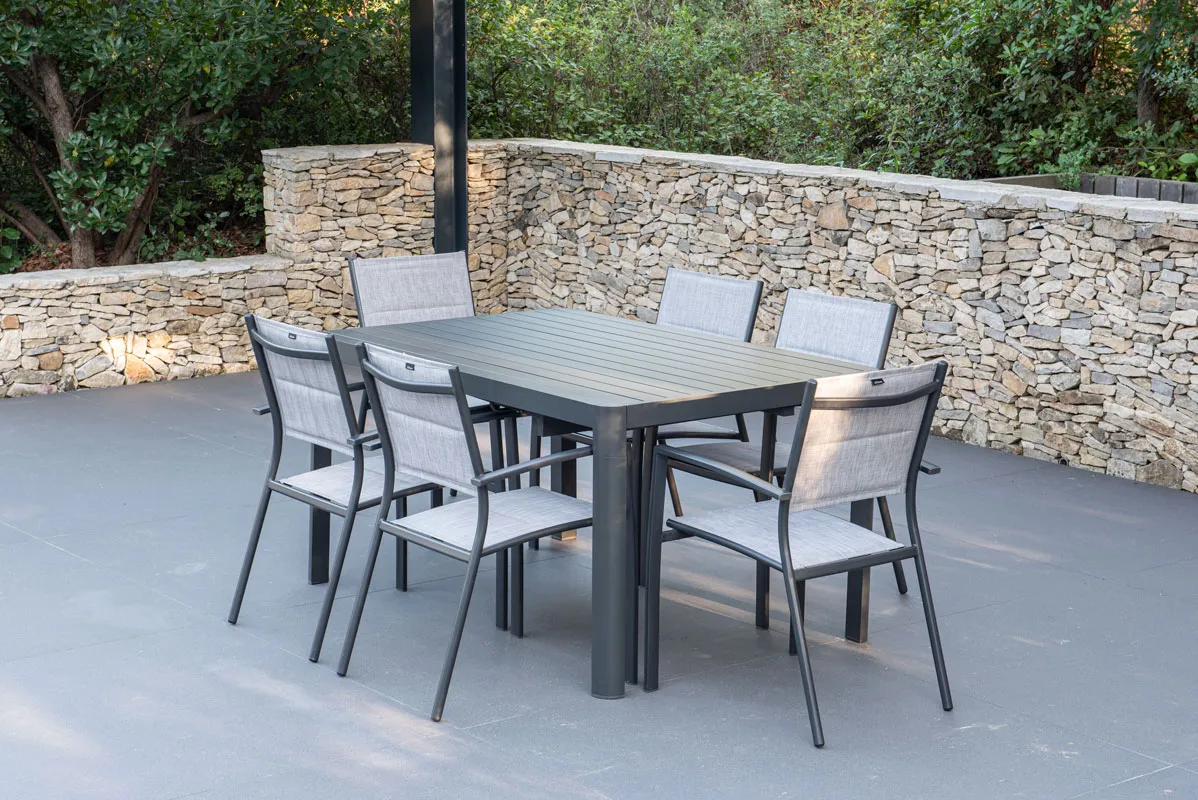 Table en aluminium extensible 95 150 cm GALICE et 6 fauteuils TUNIS