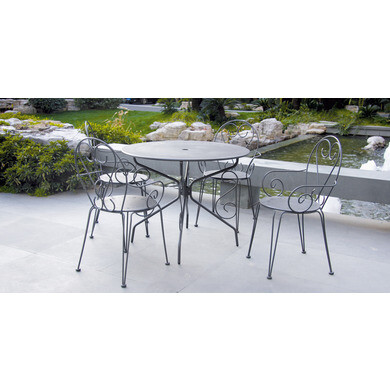 Salon de jardin romance: table métal diam. 95 cm et 4 fauteuils gris