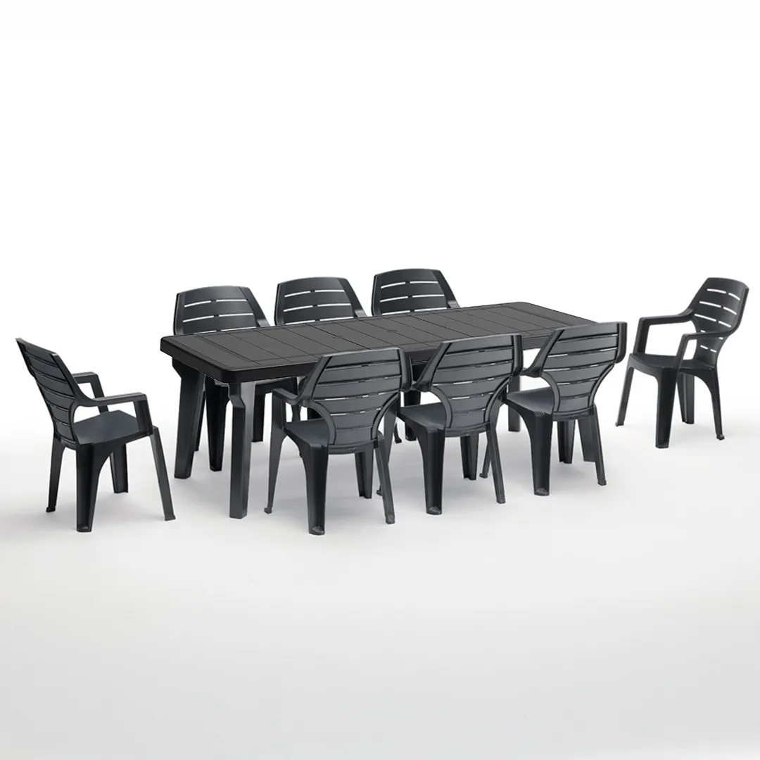 Salon de jardin: Table rÃ©sine 160   220 cm BERGEN et 8 fauteuils MARNE