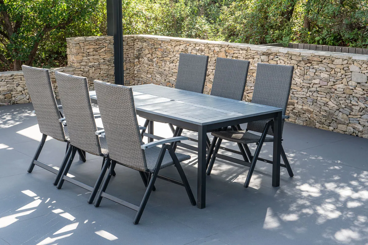 Salon de jardin:table BARCELONA GRIS 200 CM et  6 fauteuils dossier rÃ©glable