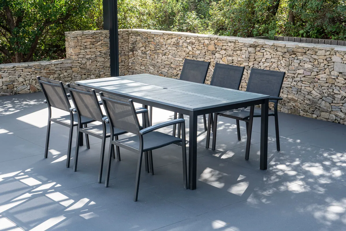 Salon de jardin:table BARCELONA GRIS 200 CM et 6 fauteuils textilÃ¨ne