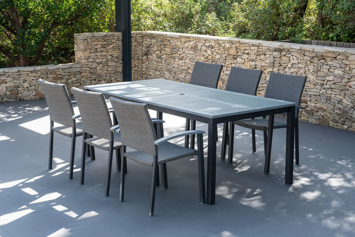 Salon de jardin:table BARCELONA GRIS 200 CM et 6 fauteuils resine tressée BARCELONA