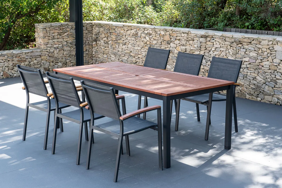Gartenmöbelset: Tisch BARCELONA 200 cm und 6 Textilen Gartenstühle FIGUERAS