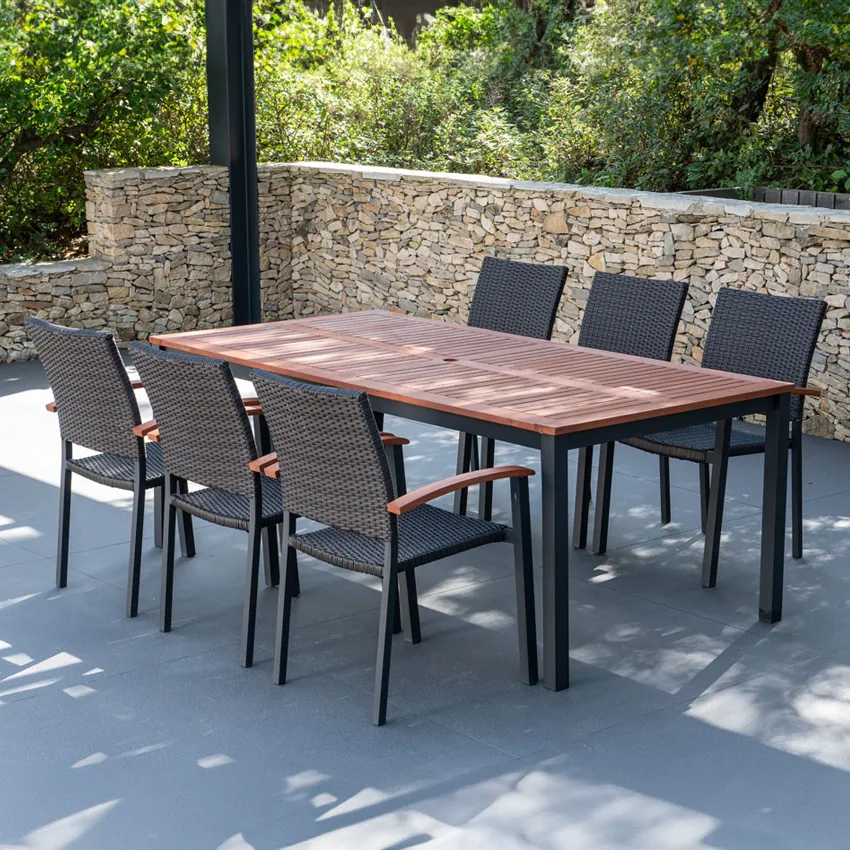 Salon de jardin BARCELONA : table 200 cm et 6 fauteuils rÃ©sine tressÃ©e