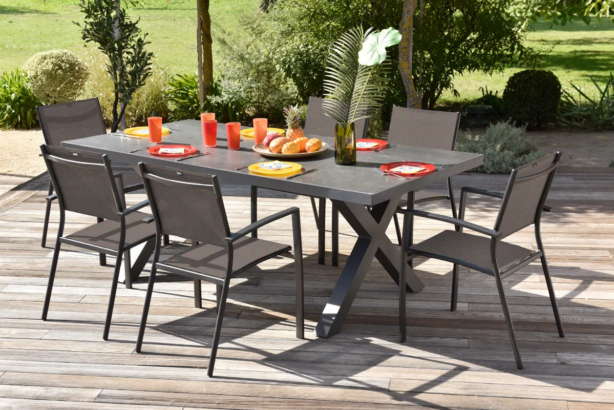 Salon de jardin: Table verre 200 cm MESSINE et 6 Fauteuils ANTALYA