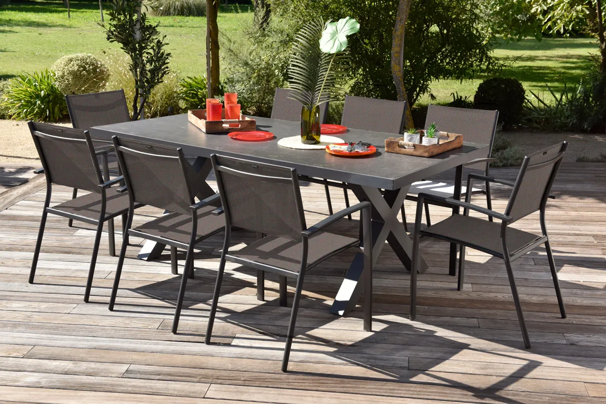 Salon de jardin: Table verre 200 cm MESSINE et 8 Fauteuils ANTALYA