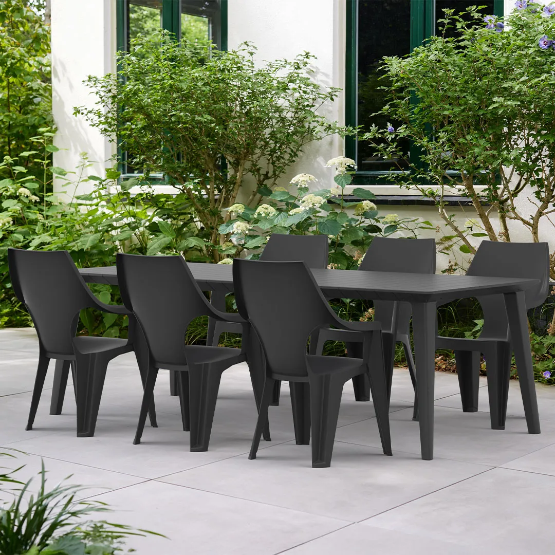 Salon de jardin: table rÃ©sine LIMA 160 240 cm et 6 Fauteuils DANTE