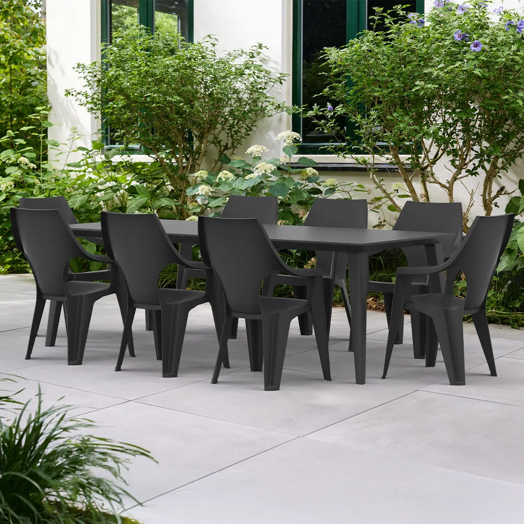 Salon de jardin: table en rÃ©sine 160 240 cm LIMA et 8 Fauteuils DANTE
