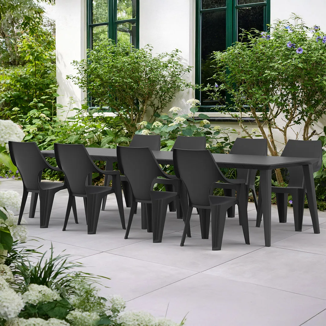 Salon de jardin: table rÃ©sine LIMA 160 240 320 cm et 8 Fauteuils DANTE