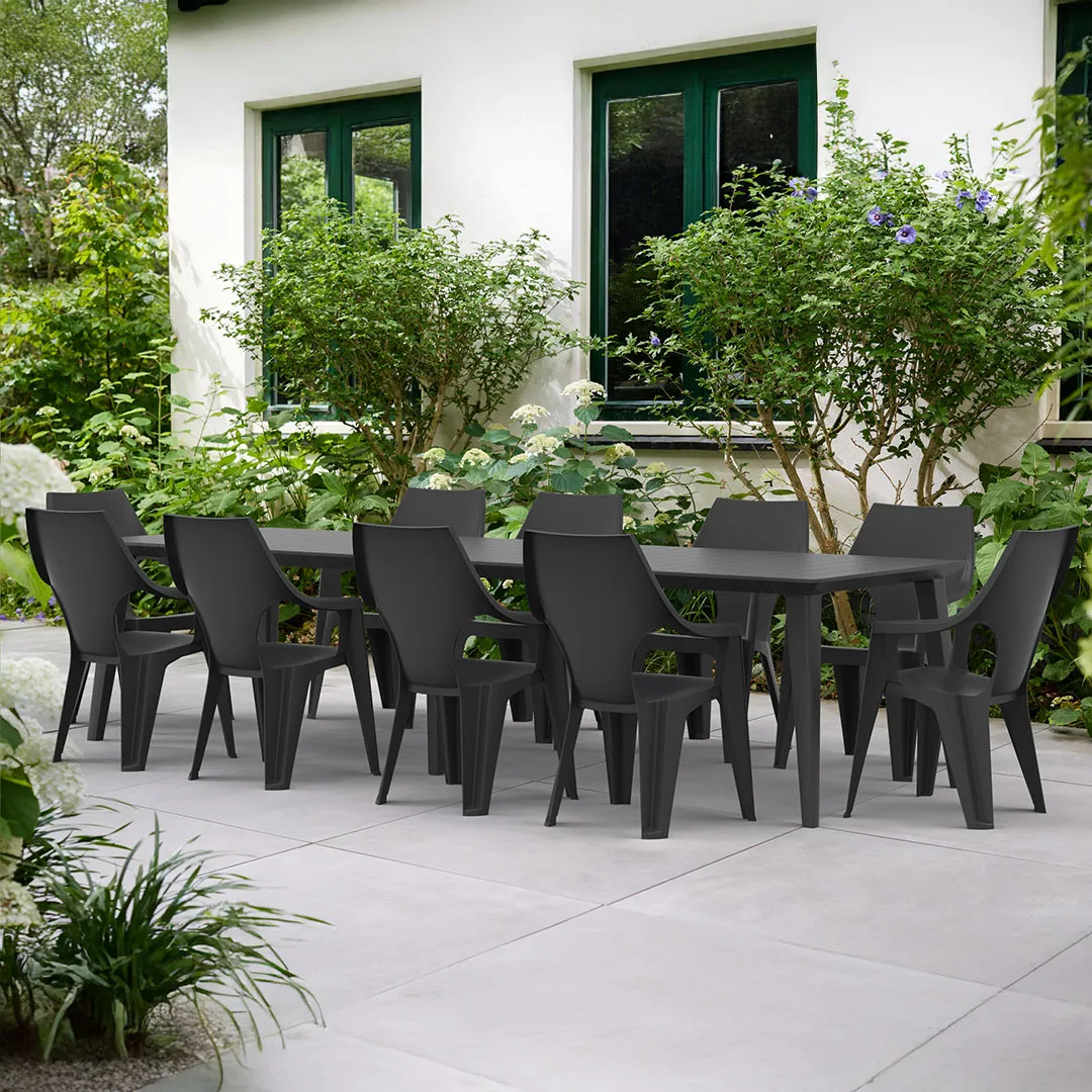 Salon de jardin: table rÃ©sine LIMA 160 240 320 cm et 10 Fauteuils DANTE