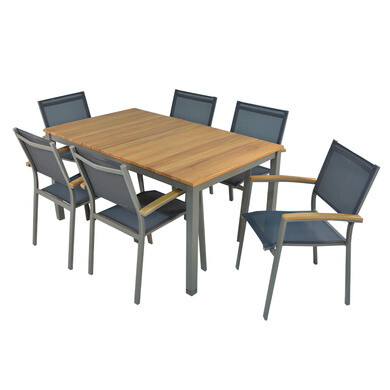 Salon de jardin: table eucalyptus 150cm marbella et 6 fauteuils figuera
