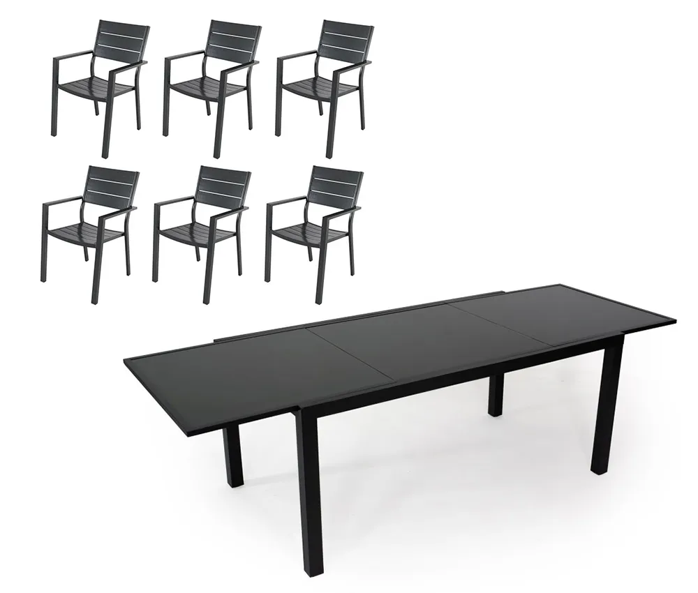 Salon de jardin: Table PALERME 165 245cm et 6 fauteuils PRADET
