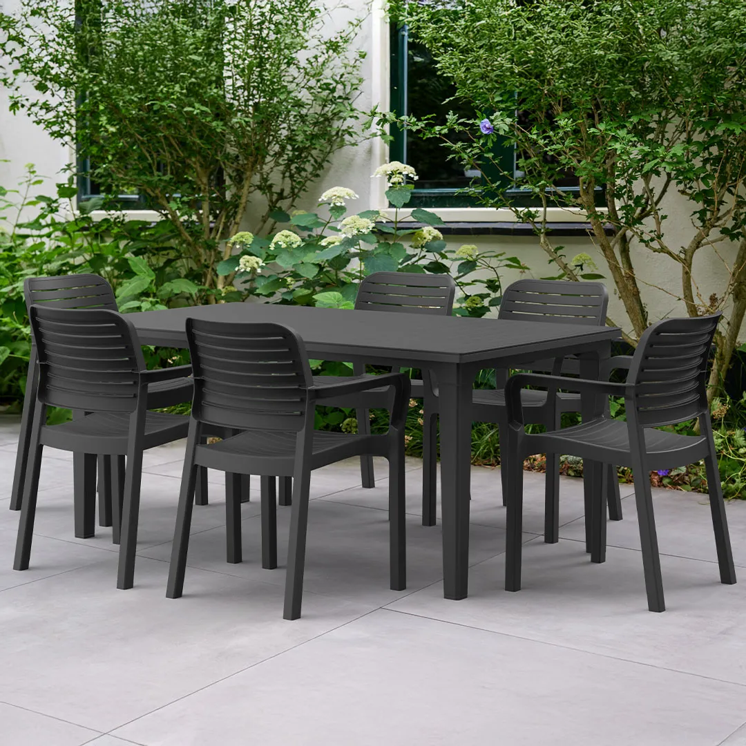 Gartenmöbel in Anthrazit: Tisch FUTURA 1m65 und 6 Sessel CHLOE