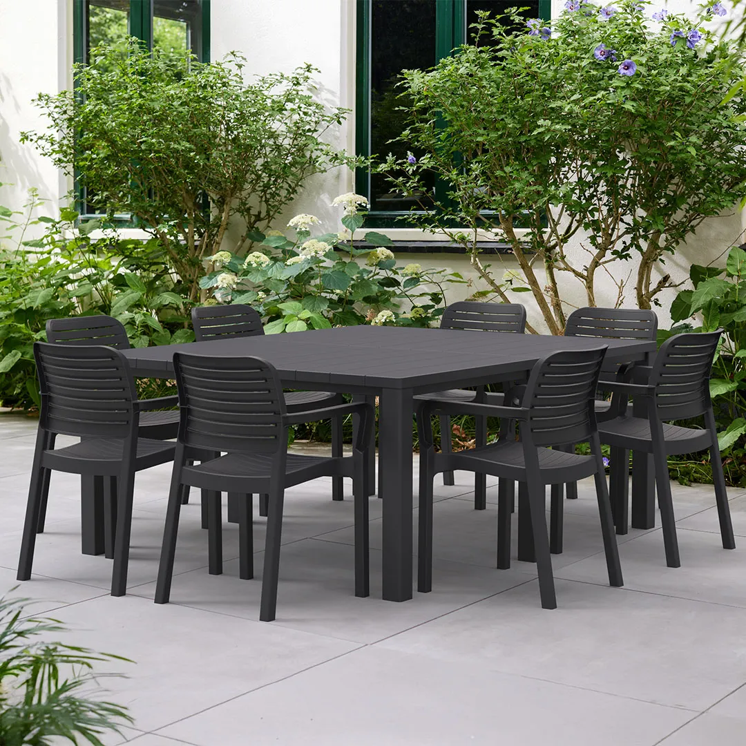 Salon de jardin : Table JULIE DOUBLE et 8 fauteuils CHLOE graphite