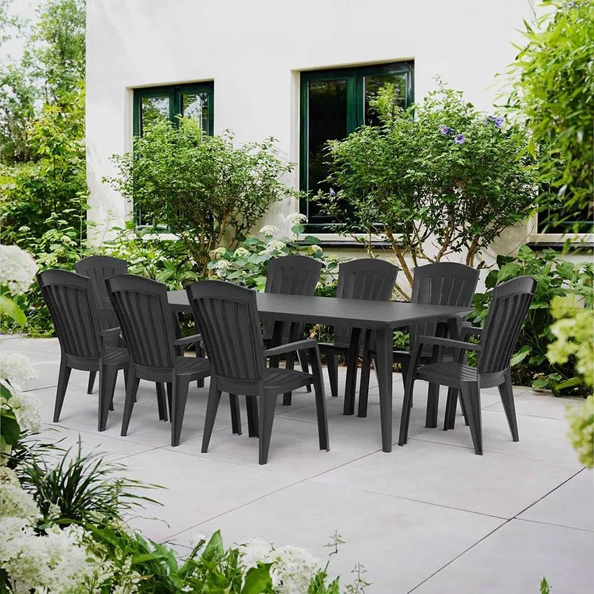 Gartenmöbel: Tisch LIMA 160 240 und 8 Sessel SANTORINI Graphit