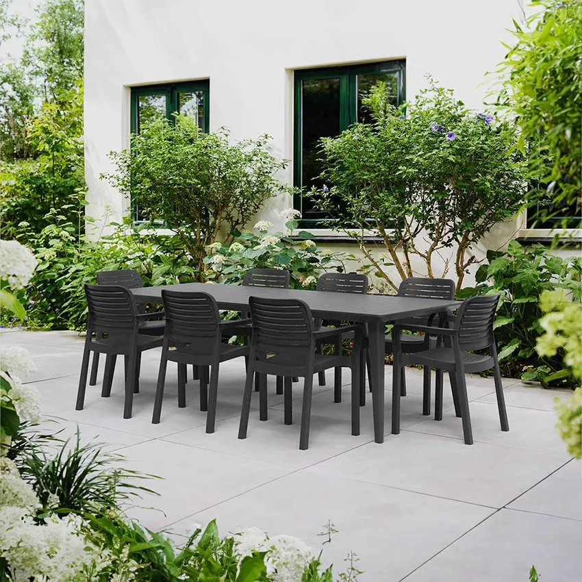 Salon de jardin : Table LIMA 160 240 et 8 fauteuils CHLOE graphite