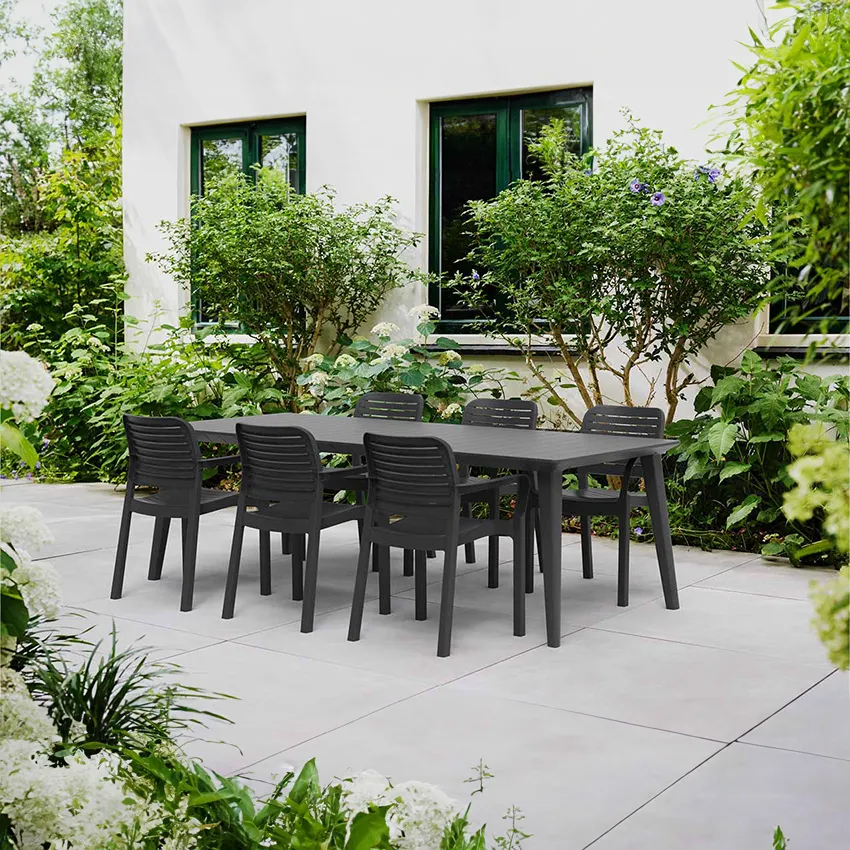 Salon de jardin : Table LIMA 160 240 et 6 fauteuils CHLOE graphite