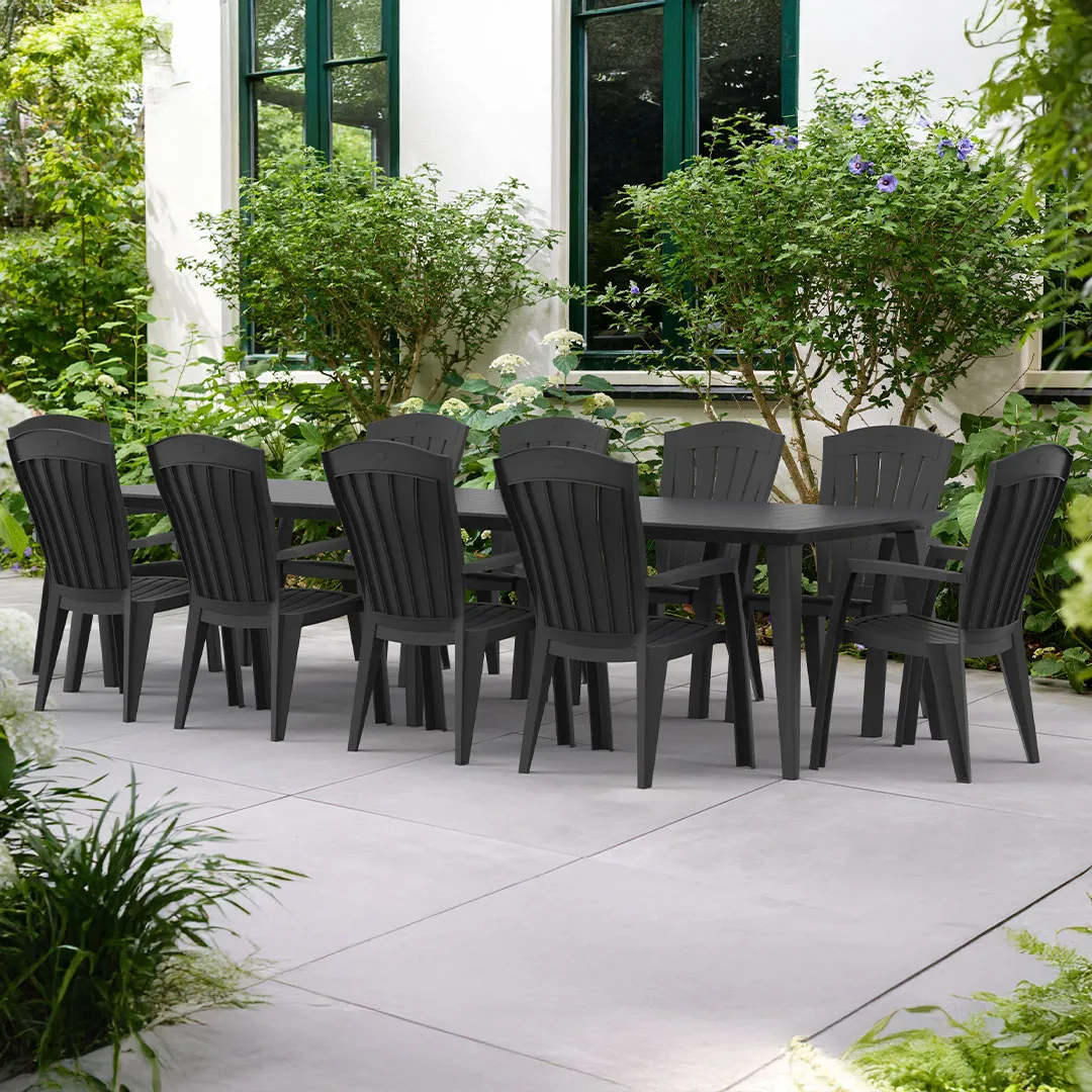 Salon de jardin : Table LIMA 160 240 320 cm et10 fauteuils SANTORINI