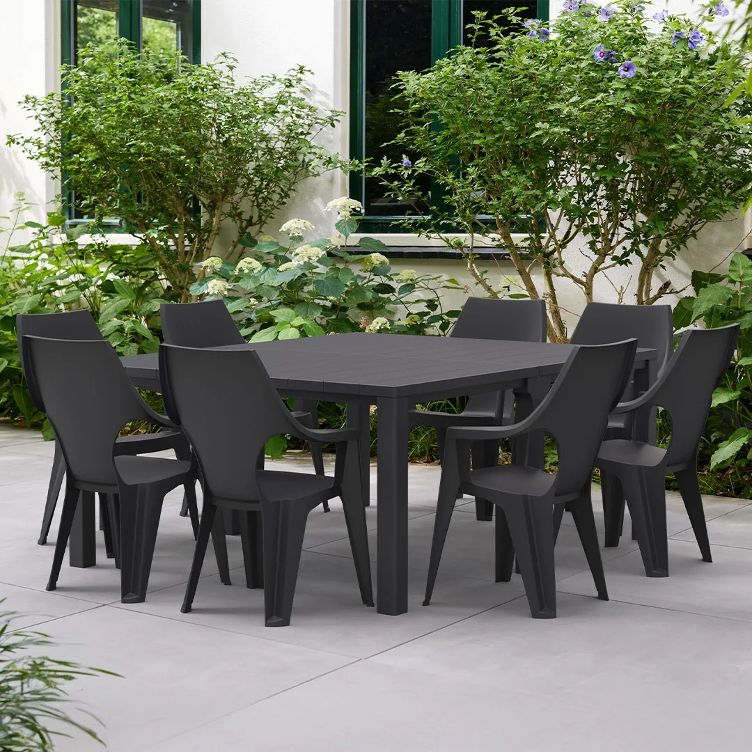 Salon de jardin: Table Julie Double et 8 Fauteuils DANTE graphite