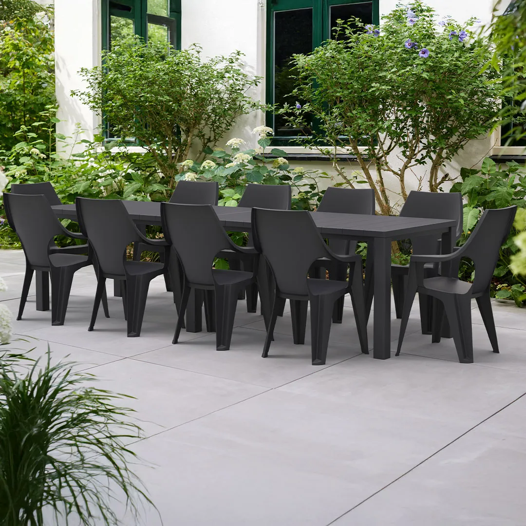 Salon de jardin: Table Julie Double et10 Fauteuils DANTE graphite