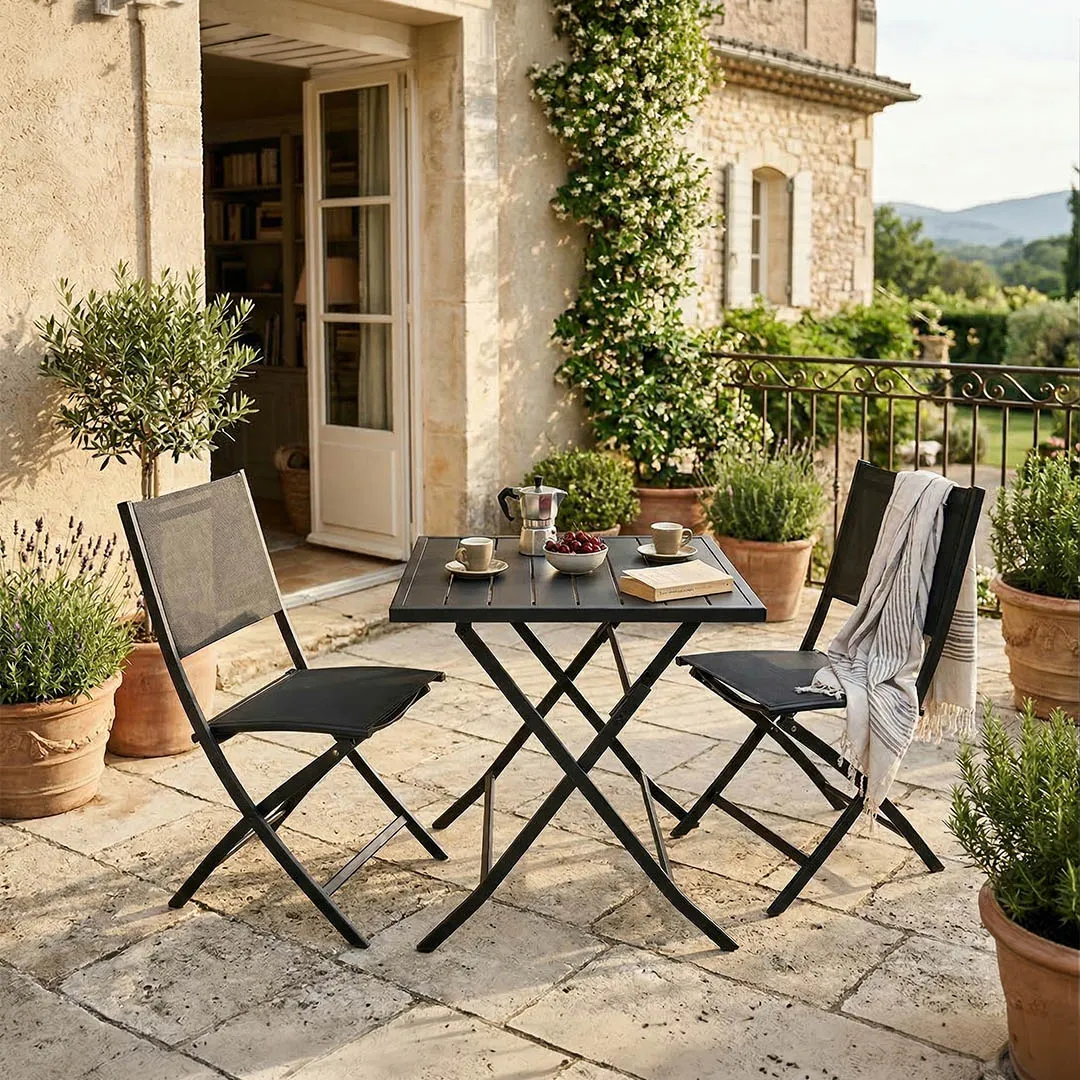 Salon de jardin : Table pliante KARRA 70cm et 2 chaises pliantes ELO