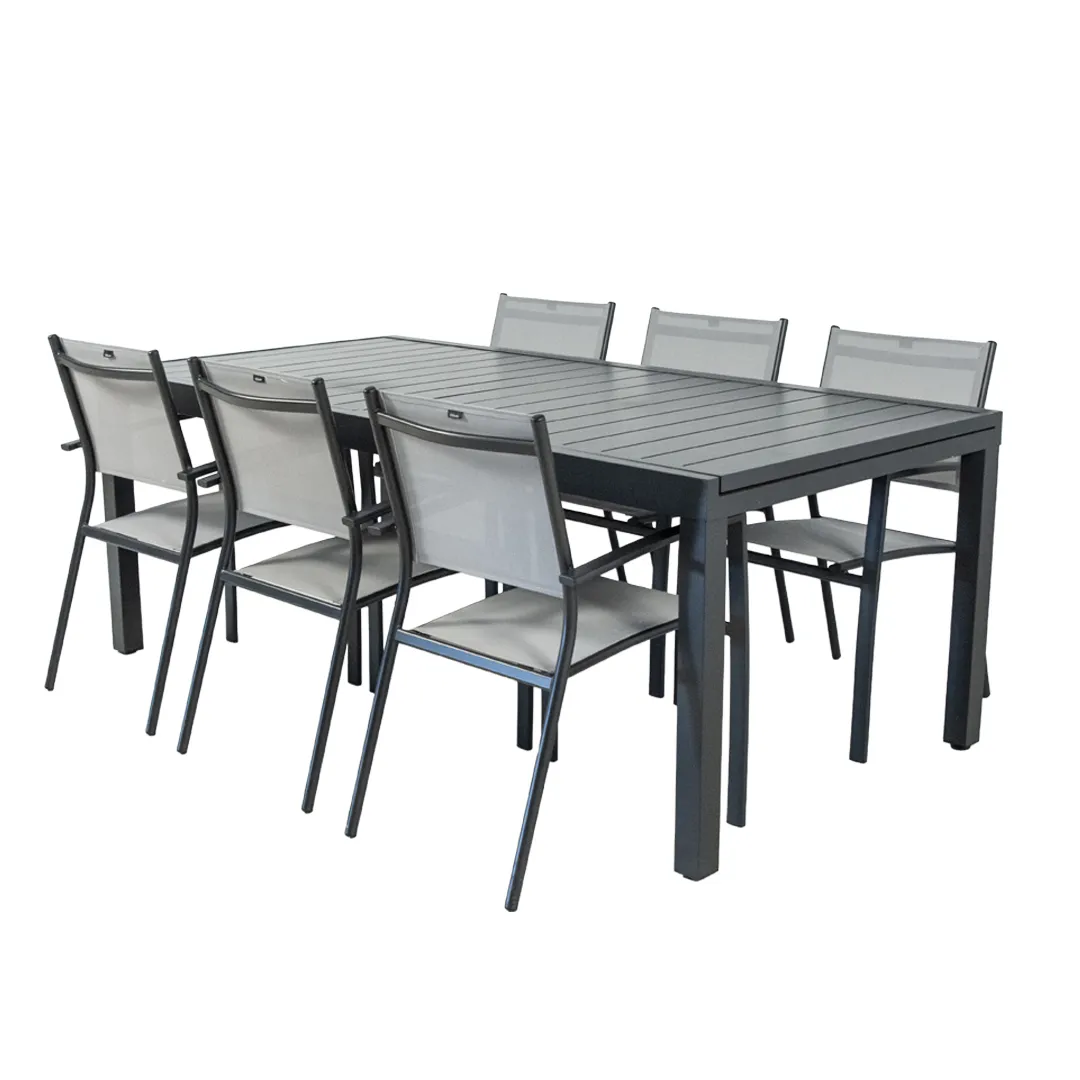 Salon de jardin : Table MALAGA 2 3M et 6 Fauteuils ANTIBES Anthracite
