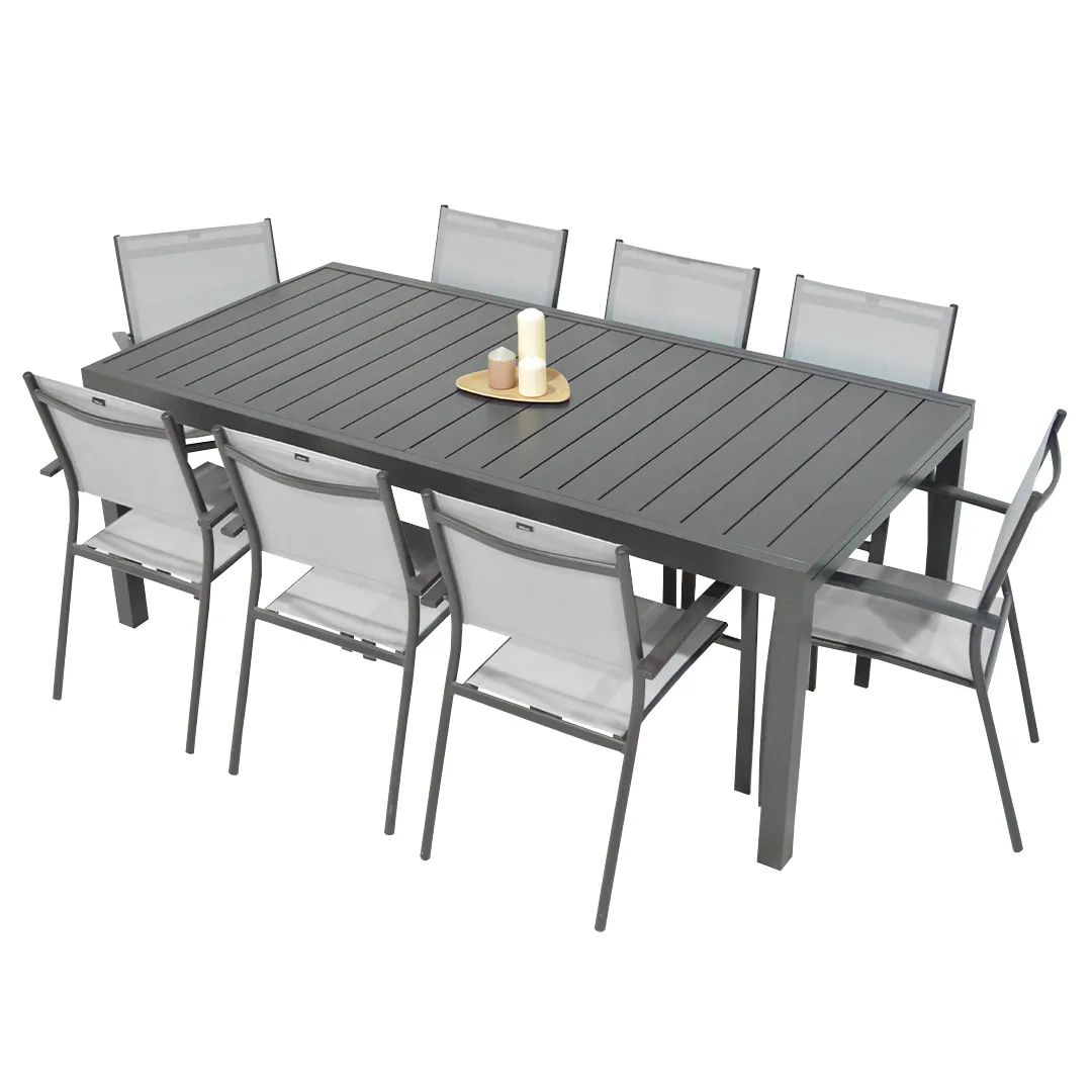 Salon de jardin : Table MALAGA 2 3M et 8 Fauteuils ANTIBES Anthracite