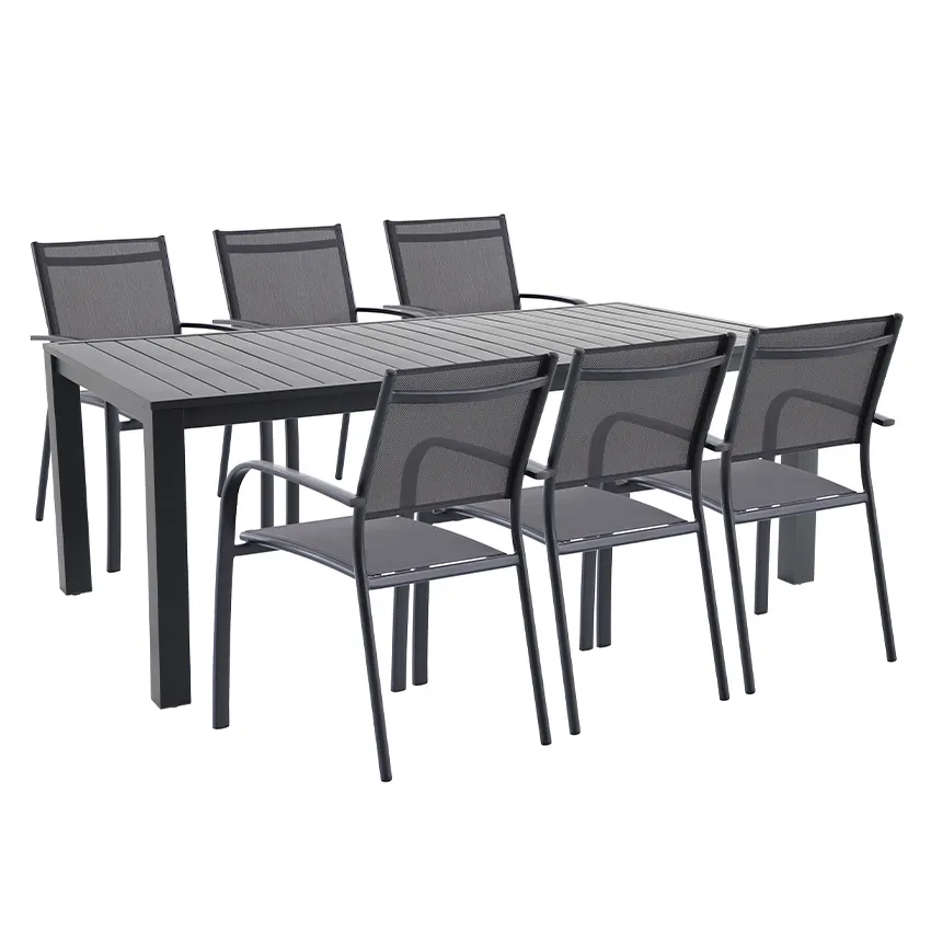 Salon de jardin: Table MALAGA 2M et 6 fauteuils BILBAO anthracite