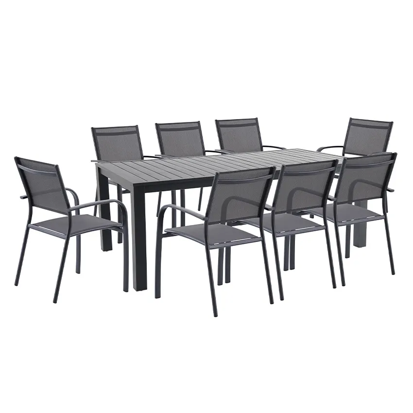 Salon de jardin: Table MALAGA 2M et 8 fauteuils BILBAO anthracite