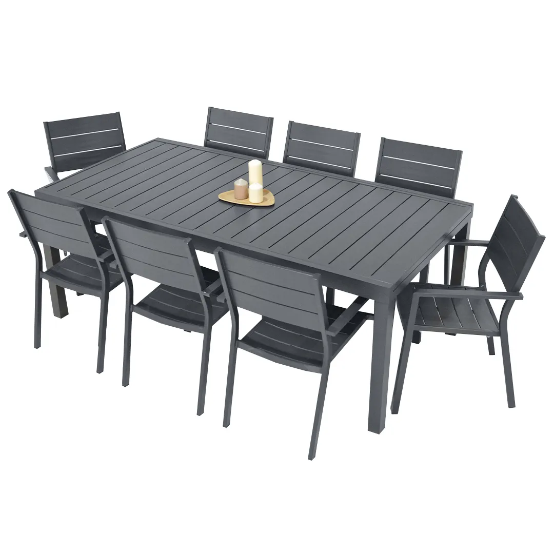 Salon de jardin : Table MALAGA 2m et 8 fauteuils PRADET Anthracite