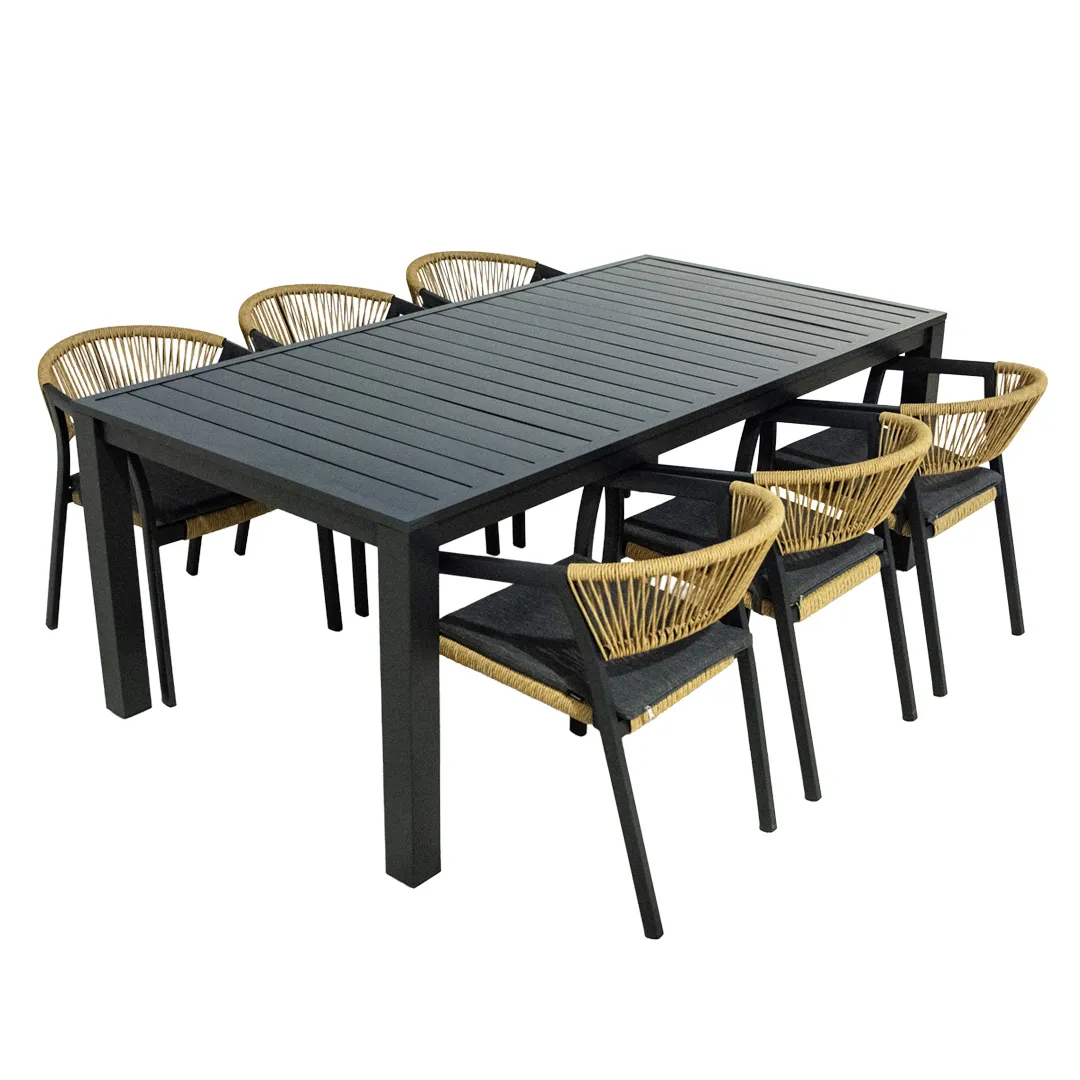 Salon de jardin Table MALAGA 2M et 6 fauteuils PARIS anthracite naturel