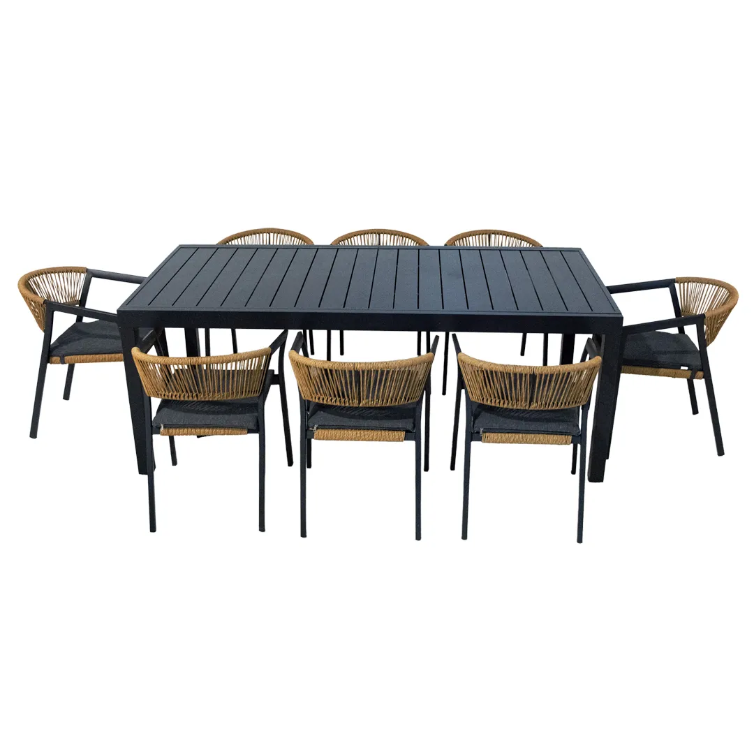 Salon de jardin Table MALAGA 2M et 8 fauteuils PARIS anthracite naturel