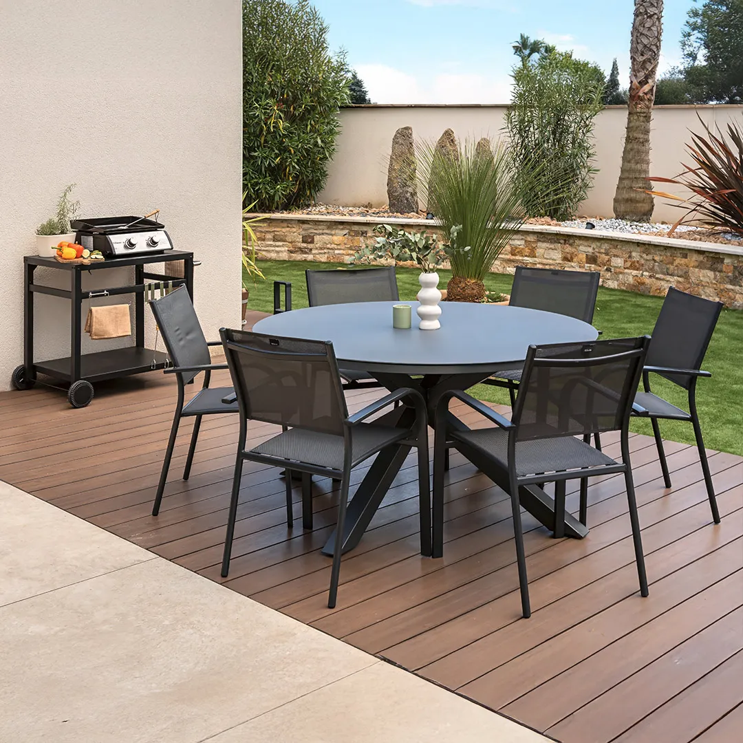 Salon de jardin: Table RUBY Ã140cm et 6 fauteuils BILBAO anthracite