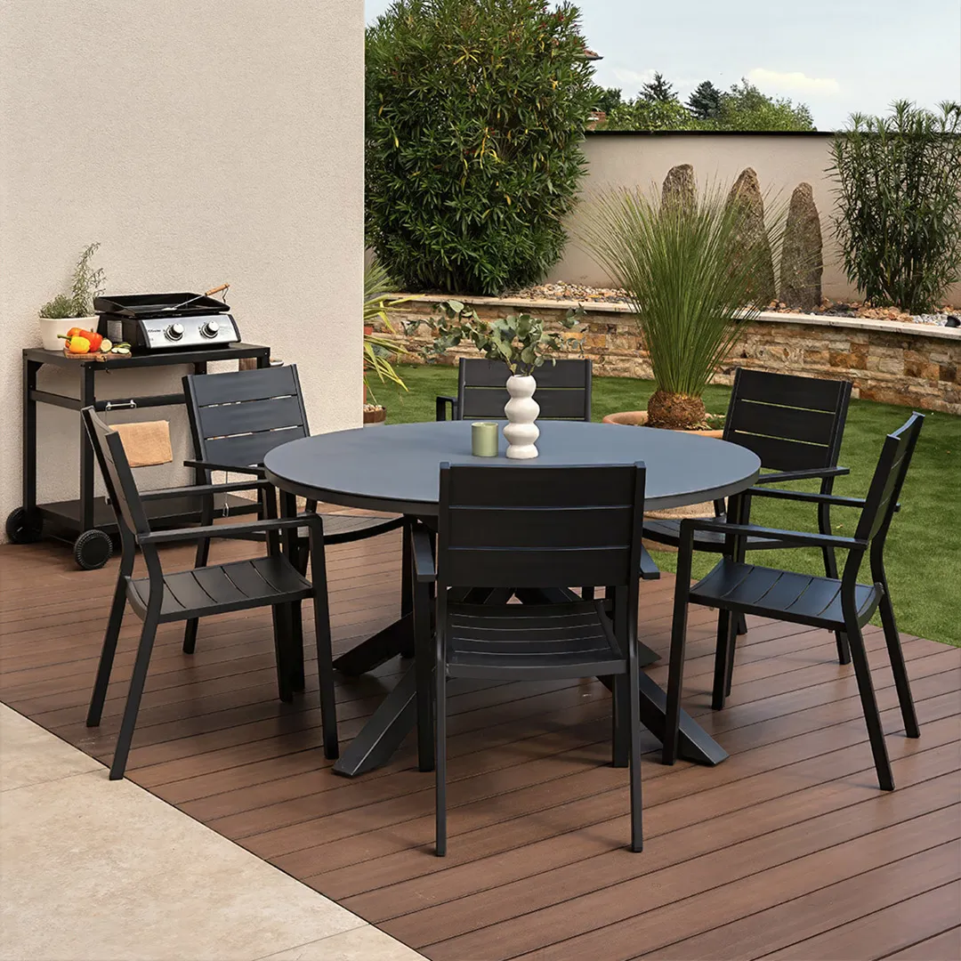 Gartenmöbel: Tisch RUBY Ø140cm und 6 Sessel PRADET