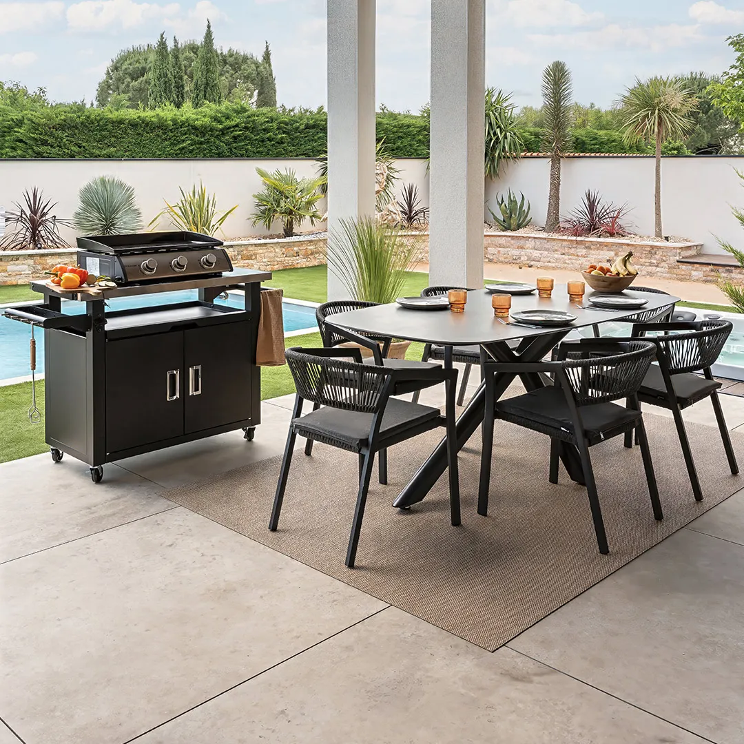 Salon de jardin: Table MIGOSA 2m et 6 fauteuils PARIS anthracite