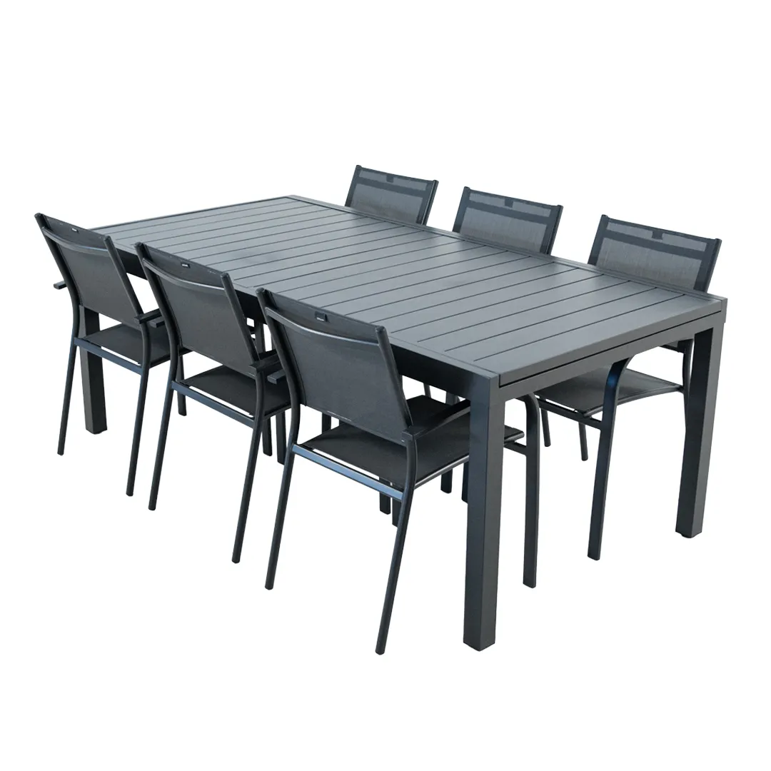 Salon de jardin Table MALAGA 2 3M et 6 fauteuils BILBAO anthracite