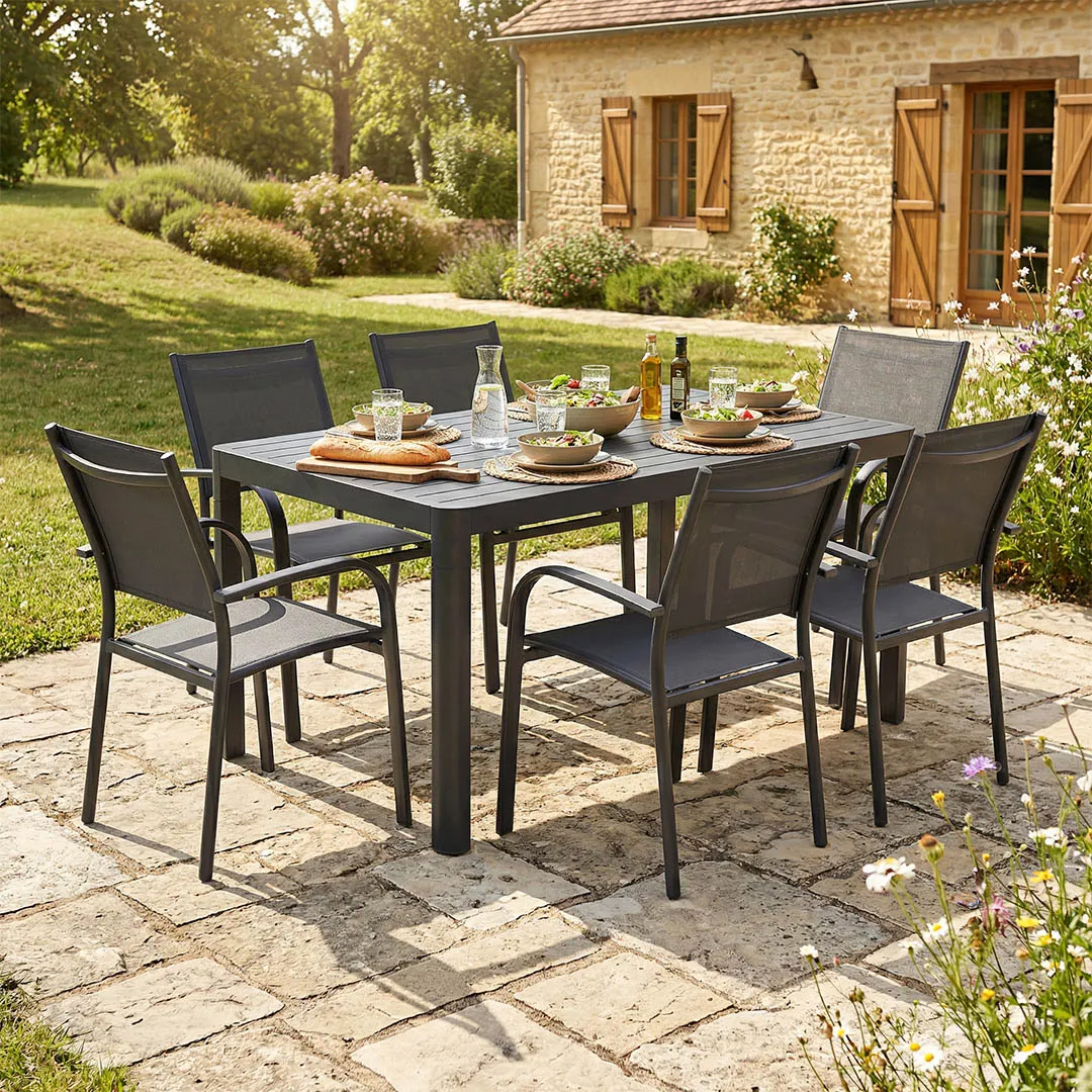 Salon de jardin en aluminium 95 150cm GALICE et 6 fauteuils BILBAO