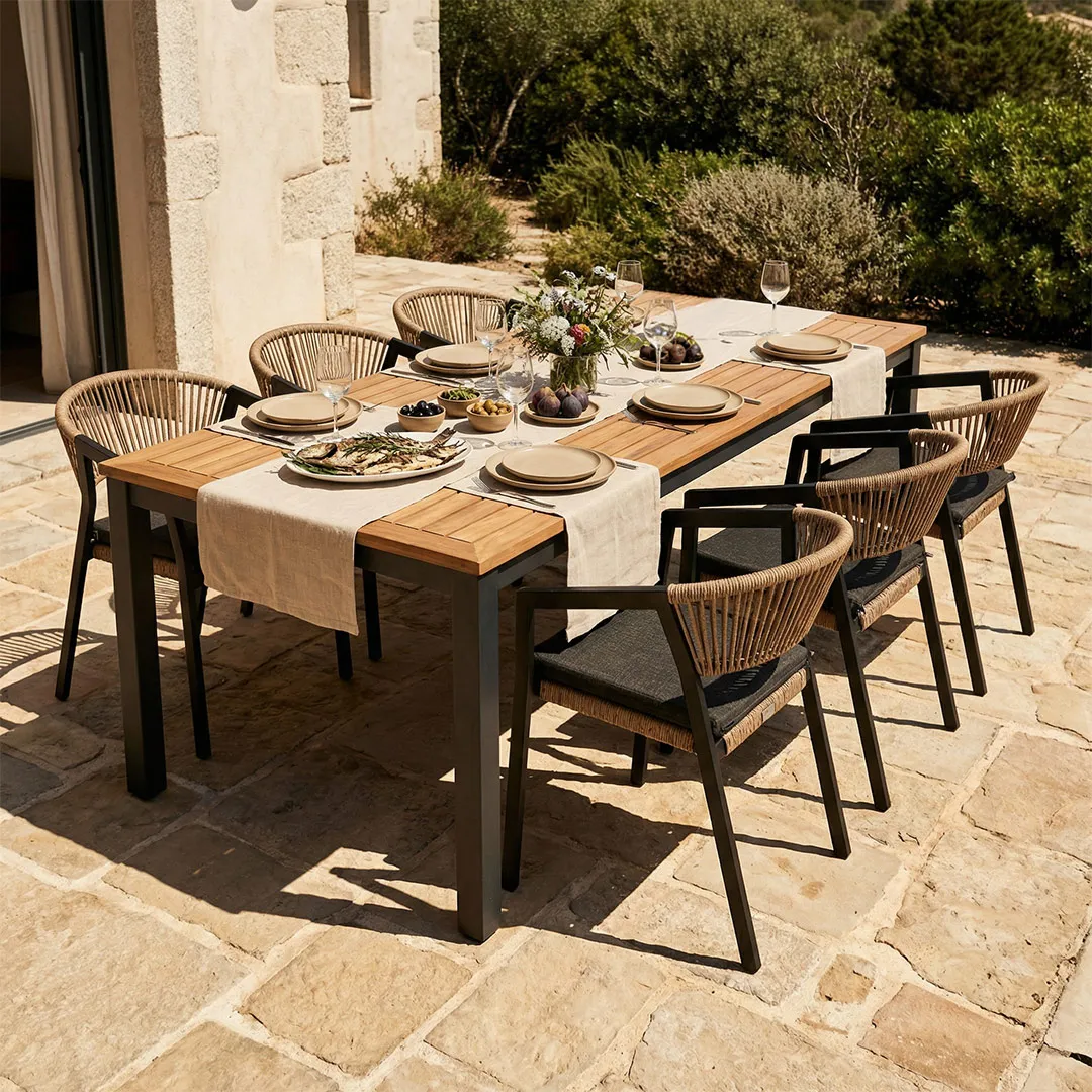 Salon de Jardin Table NATUREA 200 cm et 6 Fauteuils PARIS rotin