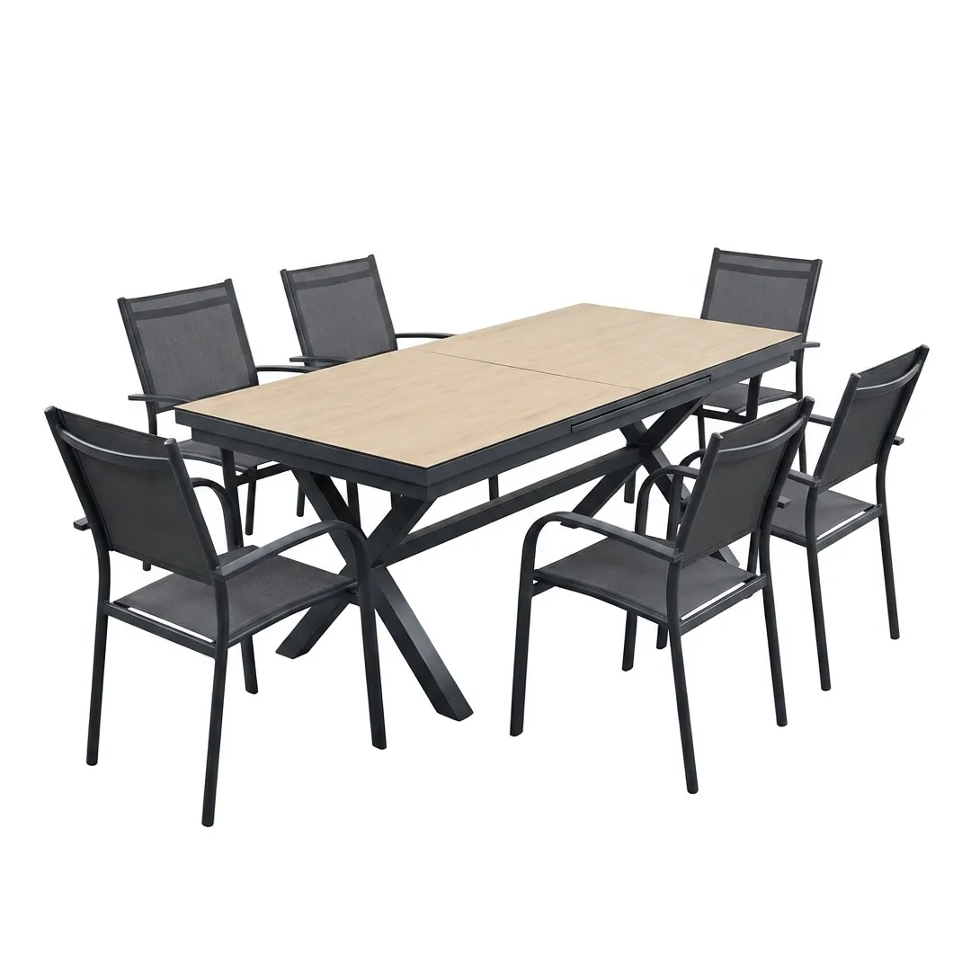 Salon de jardin: Table SANDINO 2 3m effet bois et 6 fauteuils BILBAO