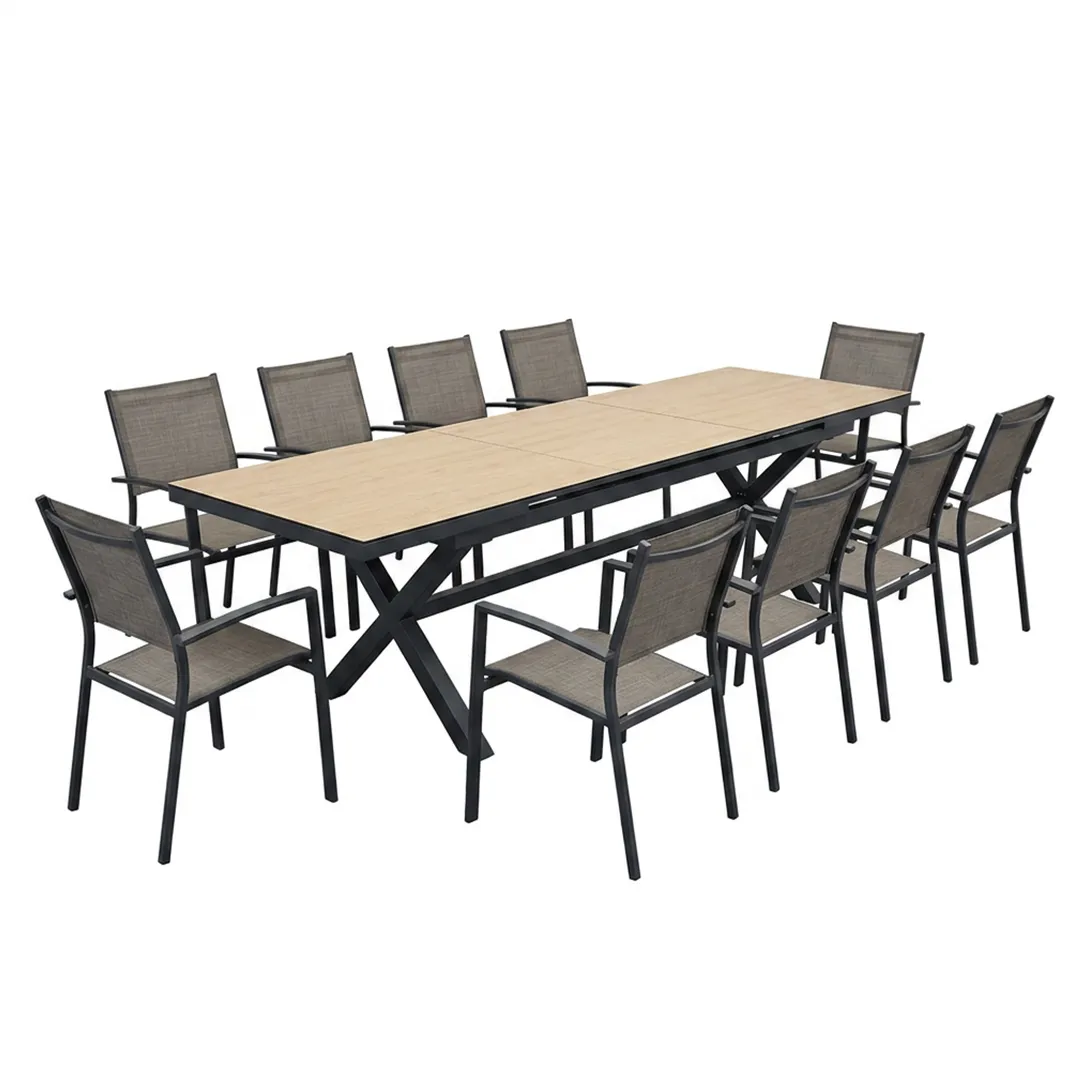 Salon de jardin:Table SANDINO 2 3m effet bois et 10 fauteuils ANTALYA